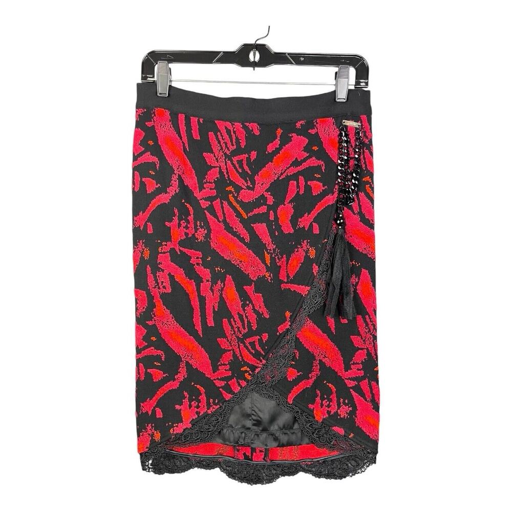Tricot Chic Womens Red Black Knit Skirt Front Slit Lace Metal Chain Sz 4/6 VTG‎